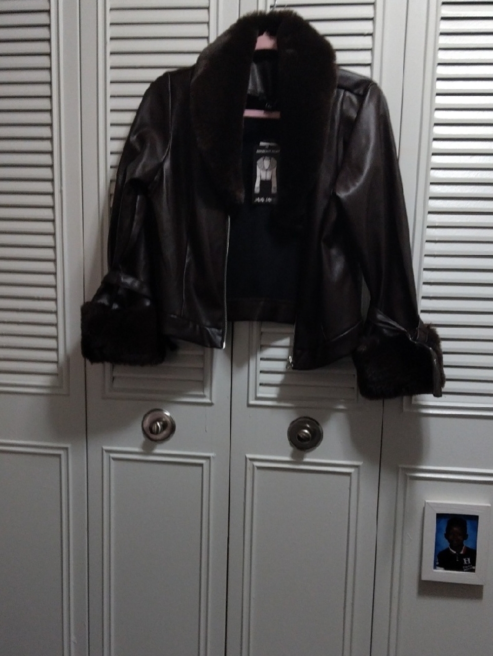 Women’s Faux Leather Jacket with Plush Fur Collar in Dark Brown